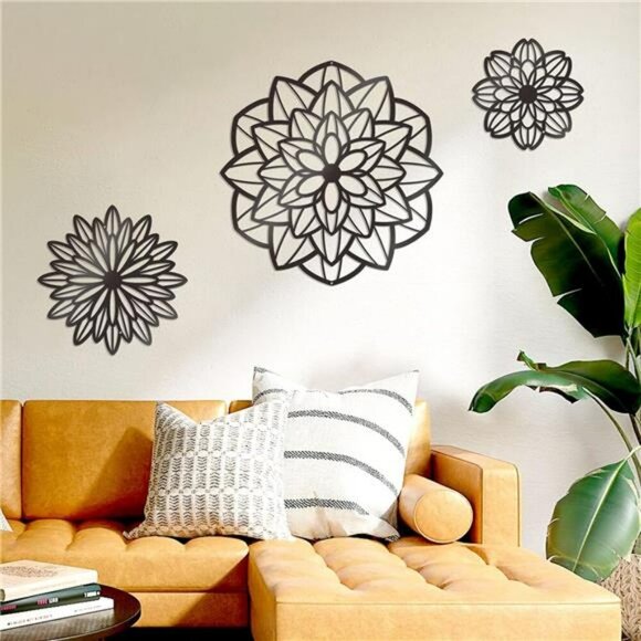 Metal Flower Wall Decor Set of 3 Black Hanging Art for Bathroom Living Room - Picture 2 of 7